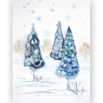 Akwarela oryginalna piękna najlepsza  Marta Konieczny 40x30 cm przyroda natura, na ścianę, do sypialni, na prezent, pejzaż, zimowy, drzewa, choinki, niebieski, szary,  turkusowy, ilustracja